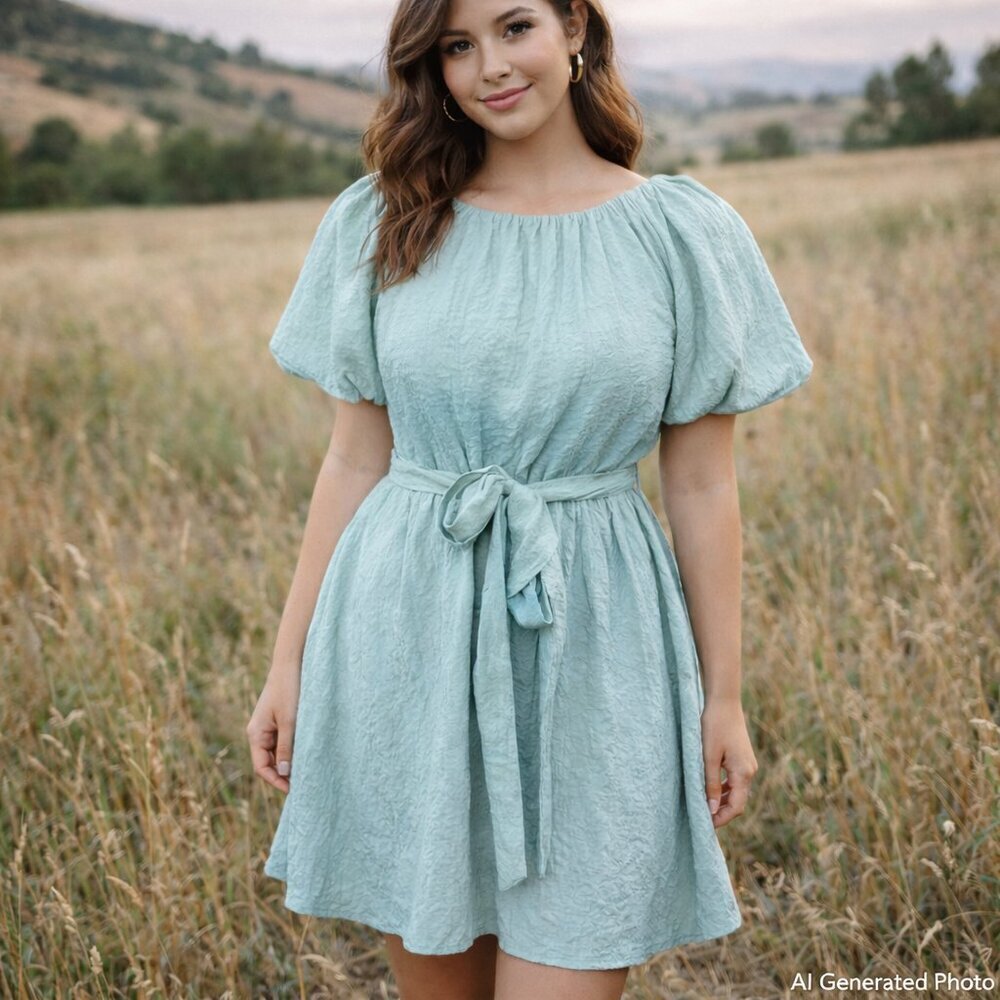 Lush Mint Teal Puff Sleeve Mini Dress XS/S Tie Back Babydoll Coquette Party NWT